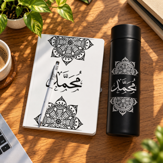 Collection - نوتبوك وقلم و ترمس زخرفة بإسم محمد