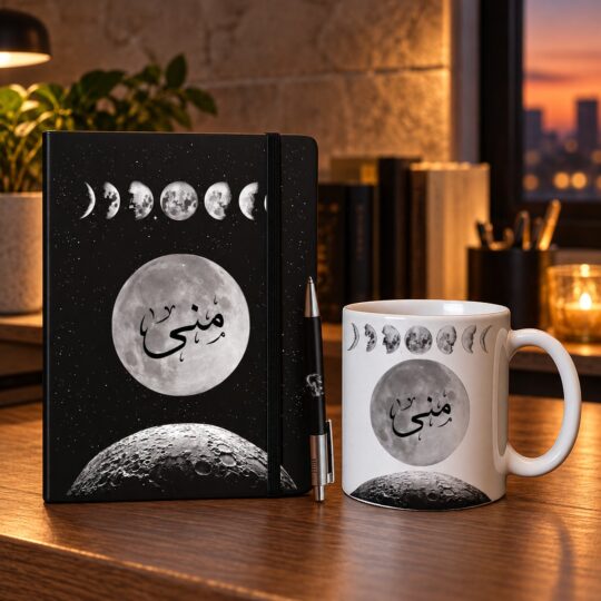 Collection - نوتبوك وقلم و مج سيراميك زخرفة بإسم منى