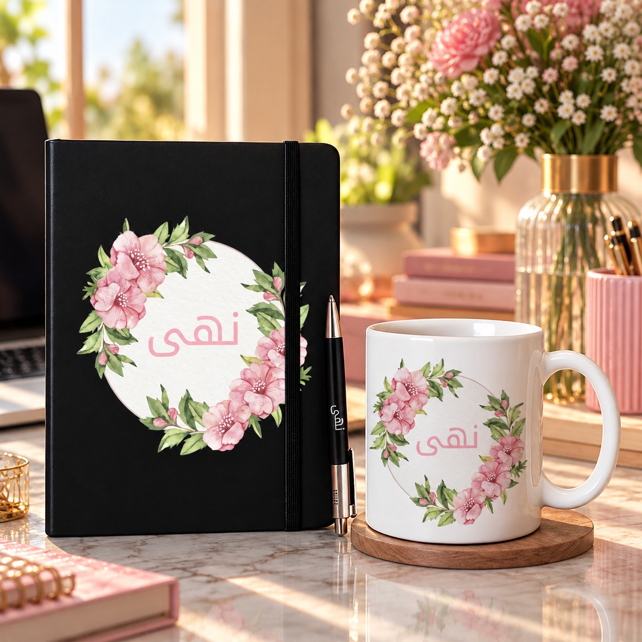 Collection - نوتبوك وقلم و مج سيراميك زخرفة بإسم نهي
